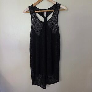Miken Swim Black Crochet Mesh Racer Back High Low Beach Cover Up XL Coastal Boho